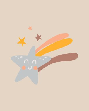 Çocuksu boho tarzında kayan yıldızın vektör çizimi. Gülen yıldız. Boho tarzında çocuk odası dekorasyonu..