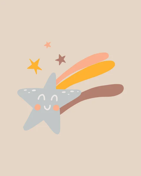 Vector illustratie van vallende ster in kinderachtige boho stijl. Glimlachende vallende ster. Kinderkamer decoratie in boho stijl. — Stockvector
