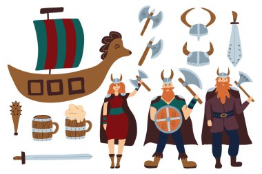 Vikinglerin vektör kümesi. İskandinav mitolojik karakterleri. Viking nesneleri.