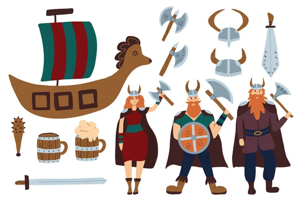Conjunto de vikings vetoriais. Personagens mitológicos escandinavos. Conjunto de objetos Viking. — Vetor de Stock