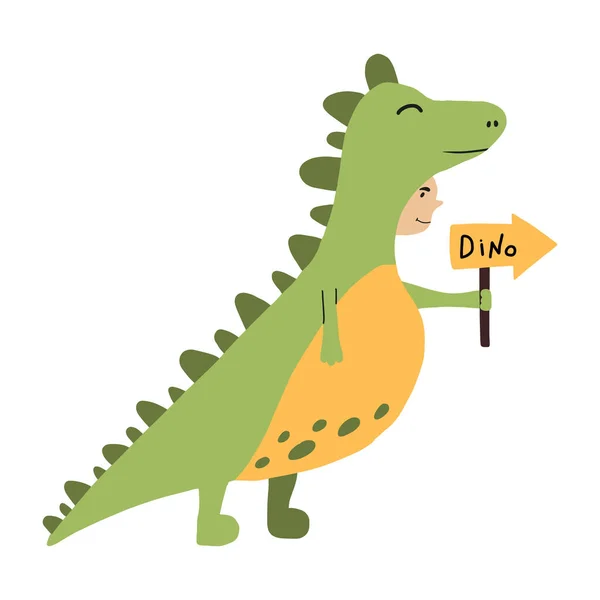 Ilustración vectorial del niño disfrazado de dinosaurio. Niño en traje de dino verde . — Archivo Imágenes Vectoriales