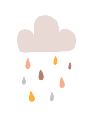  Boho tarzında şirin bulutların vektör çizimi. Güzel el çizimi yağmur damlalı boho bulutu. Boho tarzı çocuklar için oda dekorasyonu.