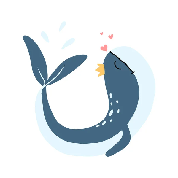 Εικονογράφηση διάνυσμα μιας γαλάζιας φάλαινας. Φάλαινα και αφίσα καρδιάς. Διακόσμηση για το φυτώριο. — Διανυσματικό Αρχείο