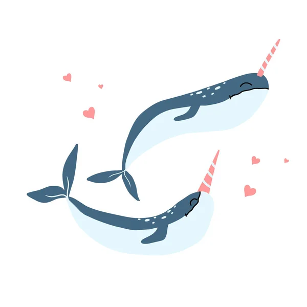 Vector illustration of two cute narwhals with hearts. Cute poster with two grooved piles. Decoration for the nursery. — Stock Vector