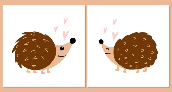 Vector set of posters with cute hedgehogs and hearts. Two posters with hedgehogs in love. Decoration for the nursery. — стоковый вектор