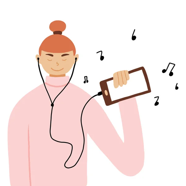 Vector illustration of girl listening to music on the phone. Cute girl listens to music with headphones. — Stock Vector