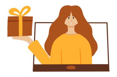 Tabletteki elinde hediyeyle bir kızın vektör çizimi. İnternetten hediye konsepti. Çevrimiçi hediyelerin açılması.