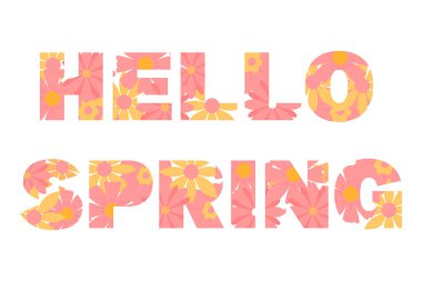 Merhaba bahar. Bahar çiçekleriyle dolu bir tebrik kartının vektör illüstrasyonu. 