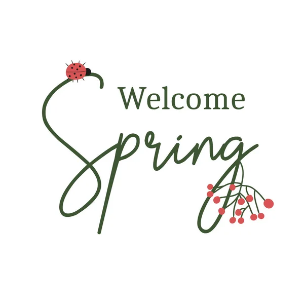 Vector illustration of spring lettering with cute ladybug. Spring postcard. — Stockvektor