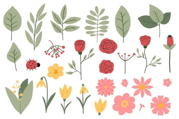 Conjunto vectorial de flores y hojas de primavera. Set con ramas de árbol y diferentes flores. — Vector de stock