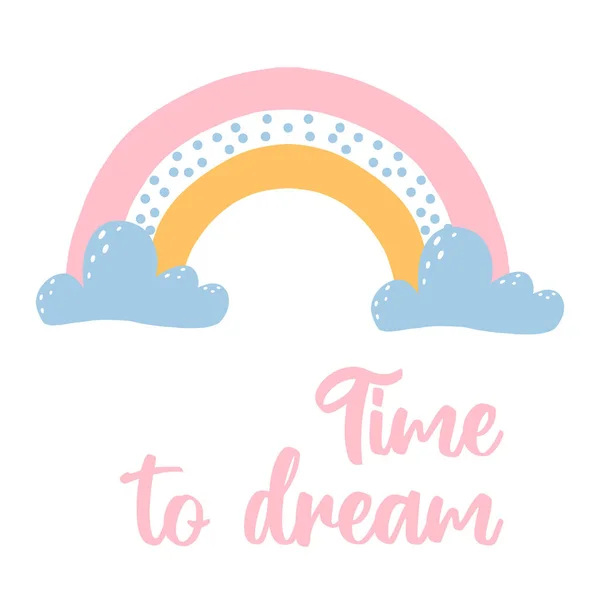 Ilustración vectorial de un lindo arco iris con nubes. Cartel infantil con arco iris y nubes. Ilustración de arco iris dibujado a mano para vivero. — Vector de stock