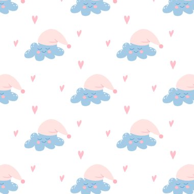  Vector seamless pattern with cute cloud and hearts. Childish pattern with a cloud in a cap. Good night pattern.