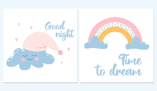 Conjunto vectorial de dos tarjetas nocturnas. Postales con personajes lindos arco iris y nube. Buenas noches postales. — Archivo Imágenes Vectoriales