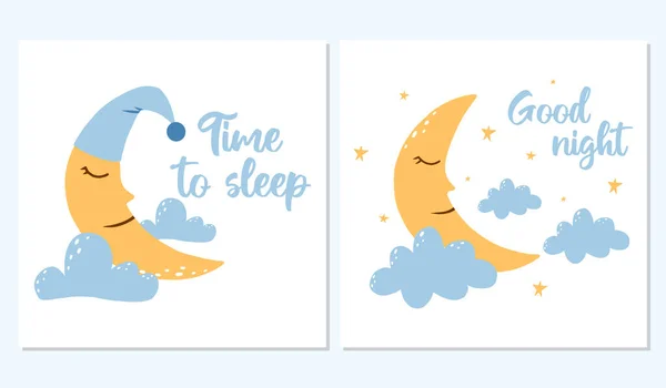 Conjunto vectorial de carteles con linda luna y nubes. Bonitos carteles de buenas noches en colores delicados. Tarjetas de noche con personajes lindos. — Vector de stock