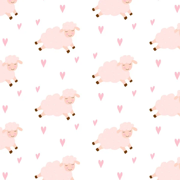 Vector seamless pattern with cute sheep and hearts. Childish pattern with a sheep. — Stockvector