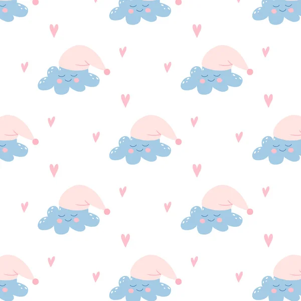 Vector seamless pattern with cute cloud and hearts. Childish pattern with a cloud in a cap. Good night pattern. — Stockový vektor