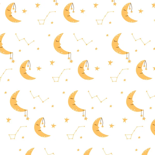 Patrón sin costura vectorial con luna y estrellas. Patrón infantil con constelaciones y la luna. — Vector de stock