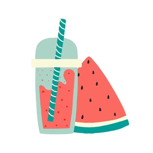 Vector illustration of a juicy watermelon slice and a glass of watermelon smoothie. Watermelon smoothie concept. — стоковый вектор