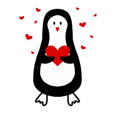 Vector illustration of a penguin with hearts. Happy valentines day card. Minimalist valentines day card in doodle style.