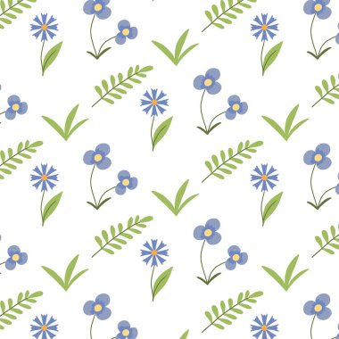 Vector seamless pattern with cornflowers and violets. Cute childish pattern with flowers and leaves. Spring pattern.