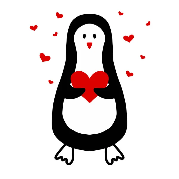 ภาพเวกเตอร์ของเพนกวินที่มีหัวใจ สุขสันต์วันวาเลนไทน์ การ์ดวันวาเลนไทน์ที่ต่ําสุดในสไตล์ doodle . — ภาพเวกเตอร์สต็อก