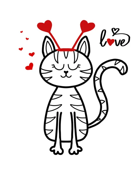 Ilustración vectorial de lindo gato tabby para el día de San Valentín. Tarjeta de San Valentín. Ilustración infantil de un gato en estilo doodle. — Vector de stock