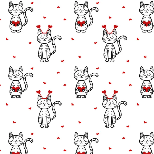 Vector seamless pattern with cats in love. Cute childrens pattern for Valentines Day. Pattern with cats hearts. — Stockvector
