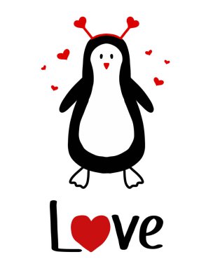 Vector illustration of a penguin with hearts. Happy valentines day card. Minimalist valentines day card in doodle style.
