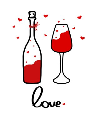  Vector poster with a bottle and a glass of wine. Cute wine poster for valentines day. Doodle style. Minimalist poster.