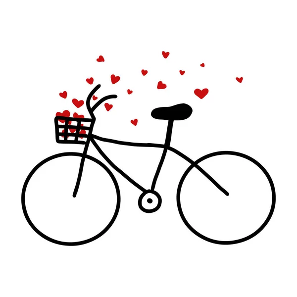  Sevgililer Günü için vektör illüstrasyonu. Sepetinde kalpler olan bir bisiklet tasviri. Doodle tarzı. Minimalist kartpostal.