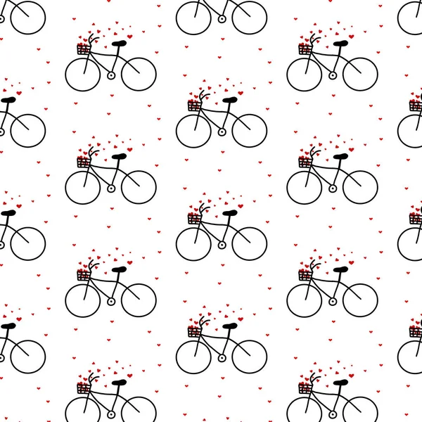 Vector seamless pattern with a bicycle and a basket of hearts. Cute pattern for valentines day. Doodle style. Minimalistic pattern. — Stok Vektör