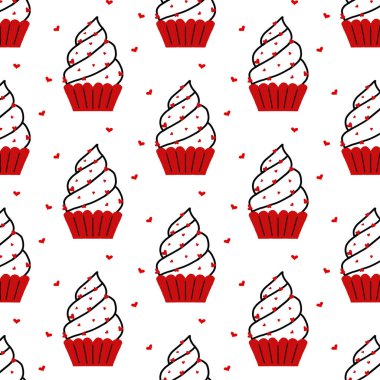  Keklerle kusursuz bir şablon. Sevgililer Günü için tatlı bir kek deseni. Doodle tarzı.