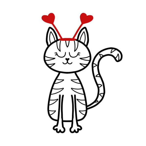 Vektorillustration der niedlichen gestromten Katze zum Valentinstag. Valentinstag Karte. Kinder illustrieren eine Katze im Doodle-Stil. — Stockvektor