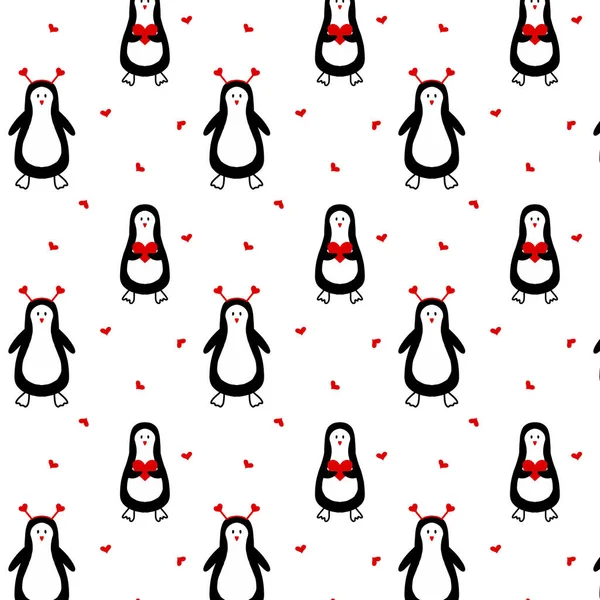 かわいいペンギンと心を持つベクトルシームレスパターン。かわいい子供たちはバレンタインデーのペンギンとパターン。寄席風. — ストックベクタ