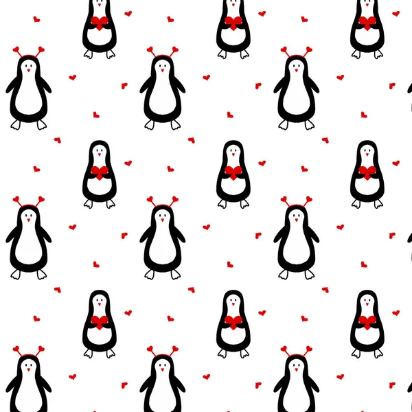 Şirin penguenleri ve kalpleri olan kusursuz bir model. Sevgililer Günü 'nde penguen desenli şirin çocuklar. Doodle tarzı.