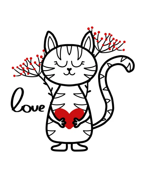 Ilustración vectorial de lindo gato tabby para el día de San Valentín. Tarjeta de San Valentín. Ilustración infantil de un gato en estilo doodle. — Vector de stock