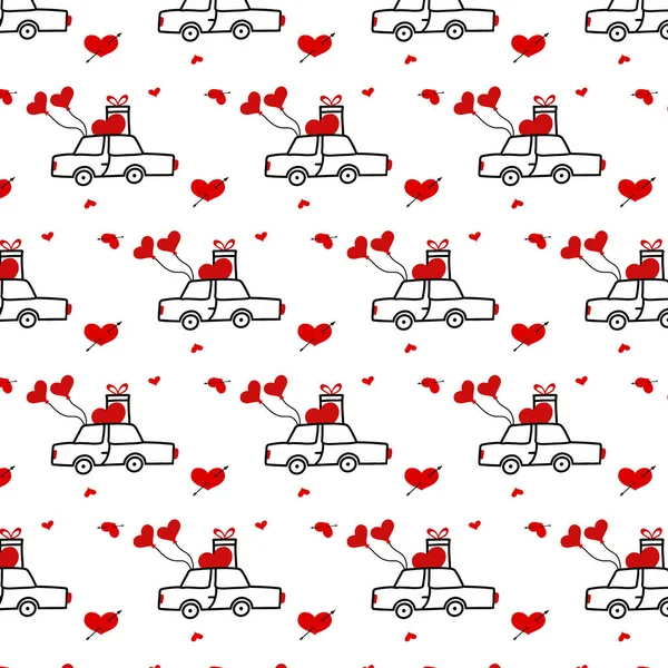 Modèle sans couture vectoriel pour la Saint-Valentin. Modèle avec voiture et ballons. Modèle dans le style doodle. — Image vectorielle