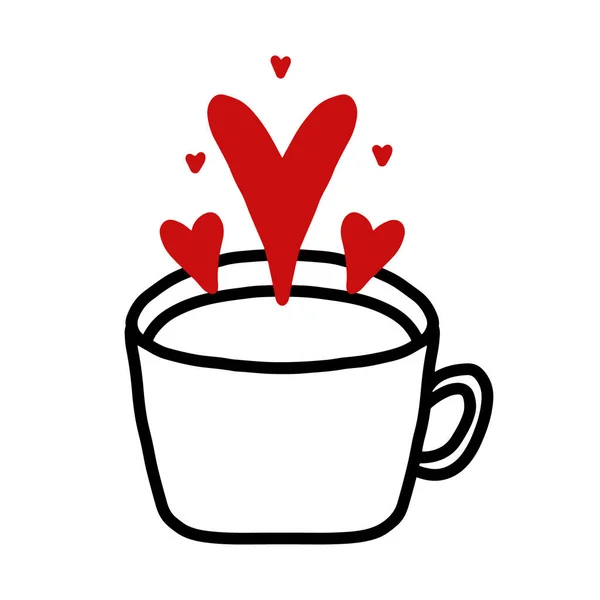 ภาพเวกเตอร์ของถ้วยที่มีชาหรือกาแฟและหัวใจ ถูกแยกจากพื้นหลังสีขาว สไตล์ดูดเดิ้ล . — ภาพเวกเตอร์สต็อก