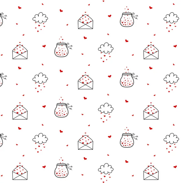 Patrón sin costura vectorial con nube, tarro y corazones. Al estilo Doodle. Patrón para San Valentín. — Vector de stock