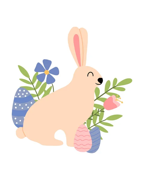 Conejo de Pascua con huevos ilustración vectorial. Bonita postal para Pascua con un conejo.Conejo con huevos, flores y hojas. — Vector de stock