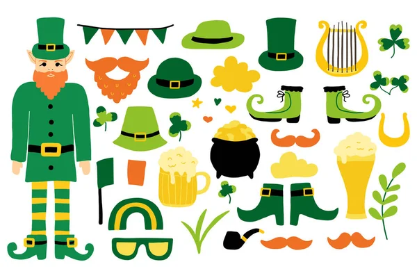 St. Patricks conjunto vetor dia. Um grande cenário para o dia de St. Patricks. Chapéus, cerveja, botas, harpa, lipricon e muito mais. —  Vetores de Stock