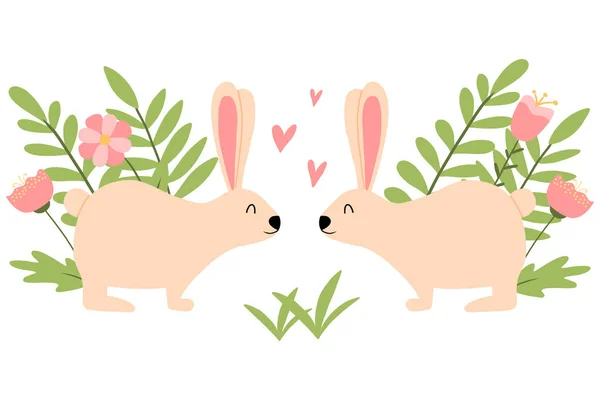 Postal con dos conejos en el amor vector ilustración. Dos conejos y flores. Tarjeta de Pascua con conejitos de Pascua. — Vector de stock