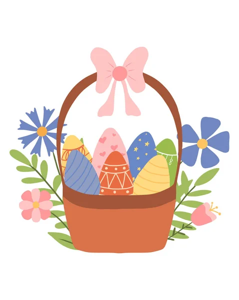 Ilustración de una cesta con un arco y huevos de Pascua. Ilustración vectorial. Linda ilustración de una cesta con huevos decorados. — Vector de stock