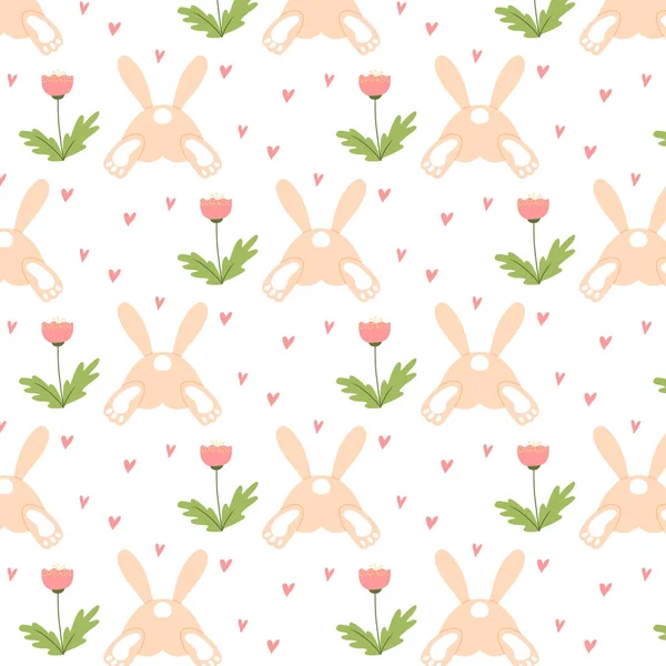 Bezešvé vzor s králík, srdce a květiny vektorové ilustrace. Velikonoční zajíček podle vzoru. Vzor s králíky a květy na Velikonoce. — Stockový vektor
