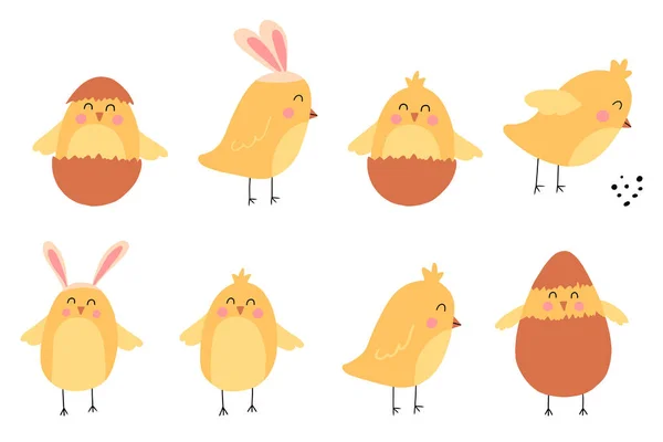 Vektorová sada roztomilých kuřat. Dětské kresby kuřat. Kuře s králičíma ušima. Velikonoční kuřátko. — Stockový vektor