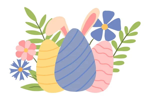 Ilustración vectorial de huevos de Pascua y flores. Las orejas de conejo sobresalen detrás de los huevos de Pascua. Postal para Pascua. — Vector de stock