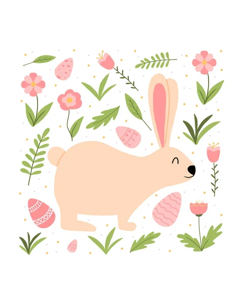 กระต่ายอีสเตอร์ที่มีภาพเวกเตอร์ไข่ โปสการ์ดน่ารักสําหรับอีสเตอร์กับกระต่าย กระต่ายกับไข่ ดอกไม้และใบไม้ . — ภาพเวกเตอร์สต็อก