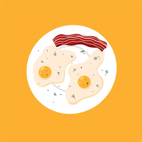 Vector illustration of fried eggs with greens and bacon. Omelet on a plate. breakfast concept. — Stock Vector