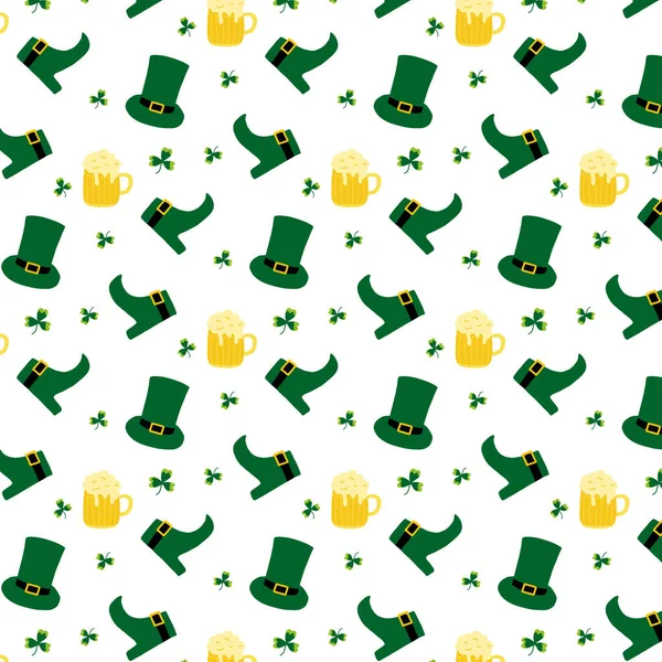 Padrão sem costura vetorial para o dia de St. Patricks. Padrão com chapéu verde, trevo e cerveja. —  Vetores de Stock