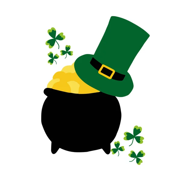 Ilustração vetorial de um pote de ouro e um chapéu. St. Patricks Cartão de dia com um pote de ouro. —  Vetores de Stock